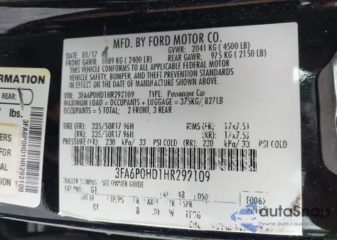 2017 Ford Fusion Se from USA, damaged, VIN 3FA6P0HD1HR292109
